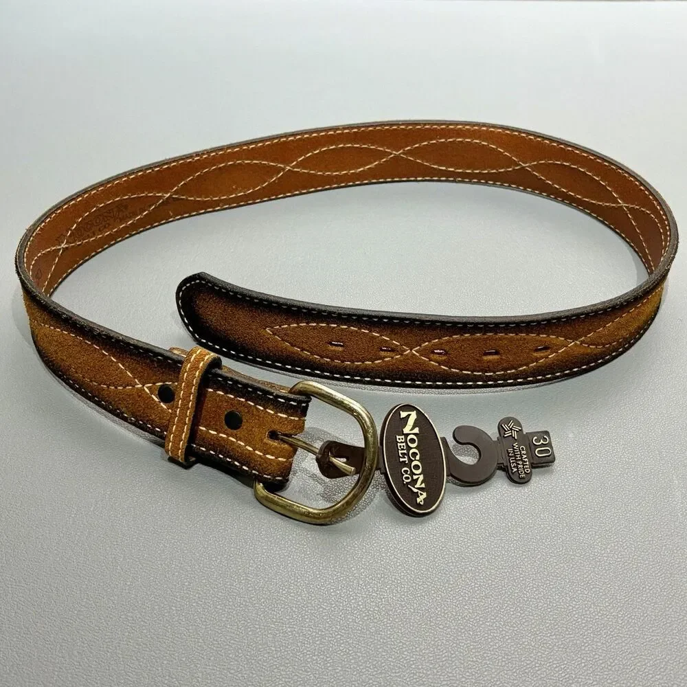 Nocona Belt Stitched Western Brown Leather Black Edges Made In USA Men’s 30